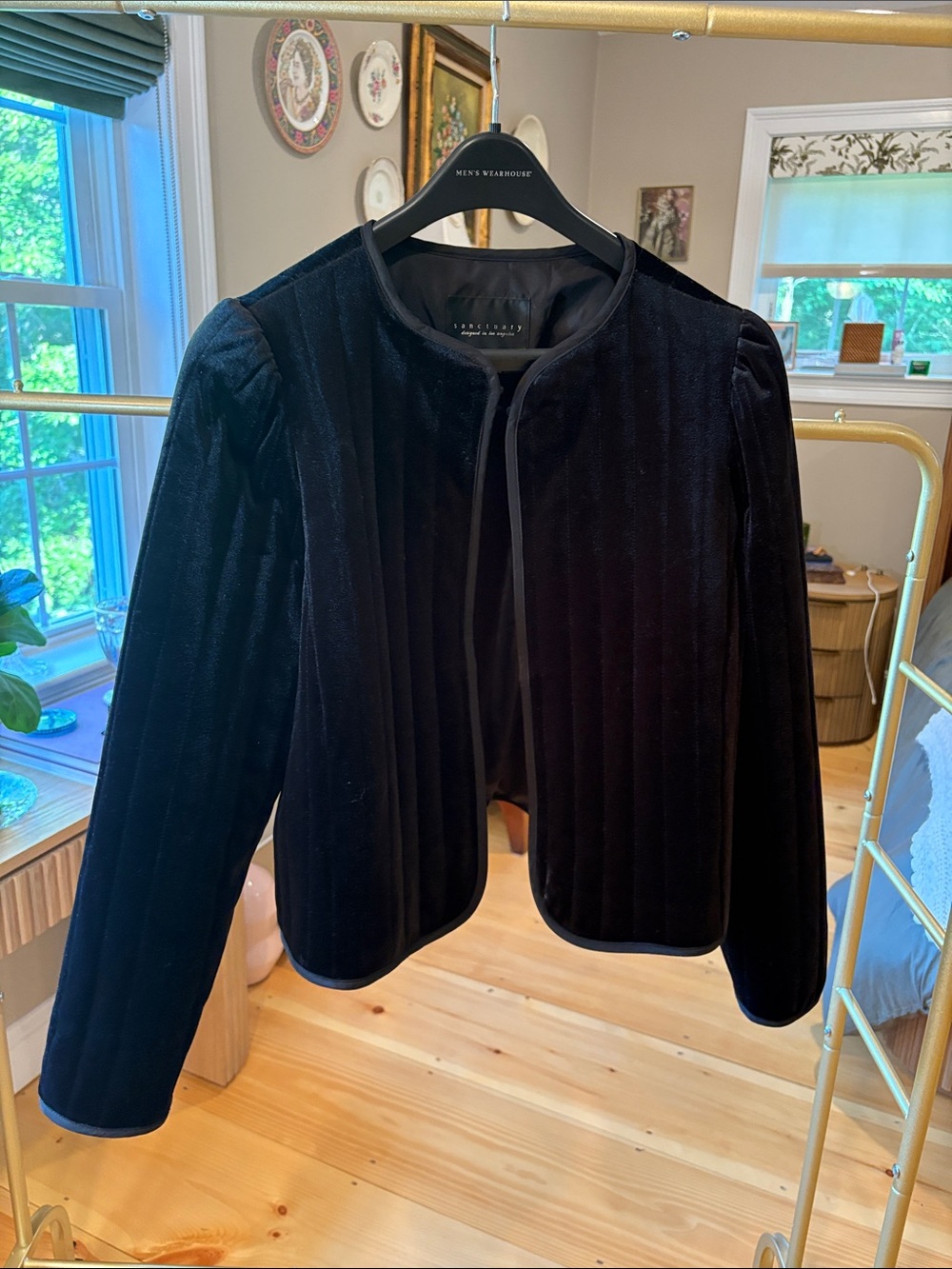 Sanctuary Black Velvet Cropped Open-Front Blazer